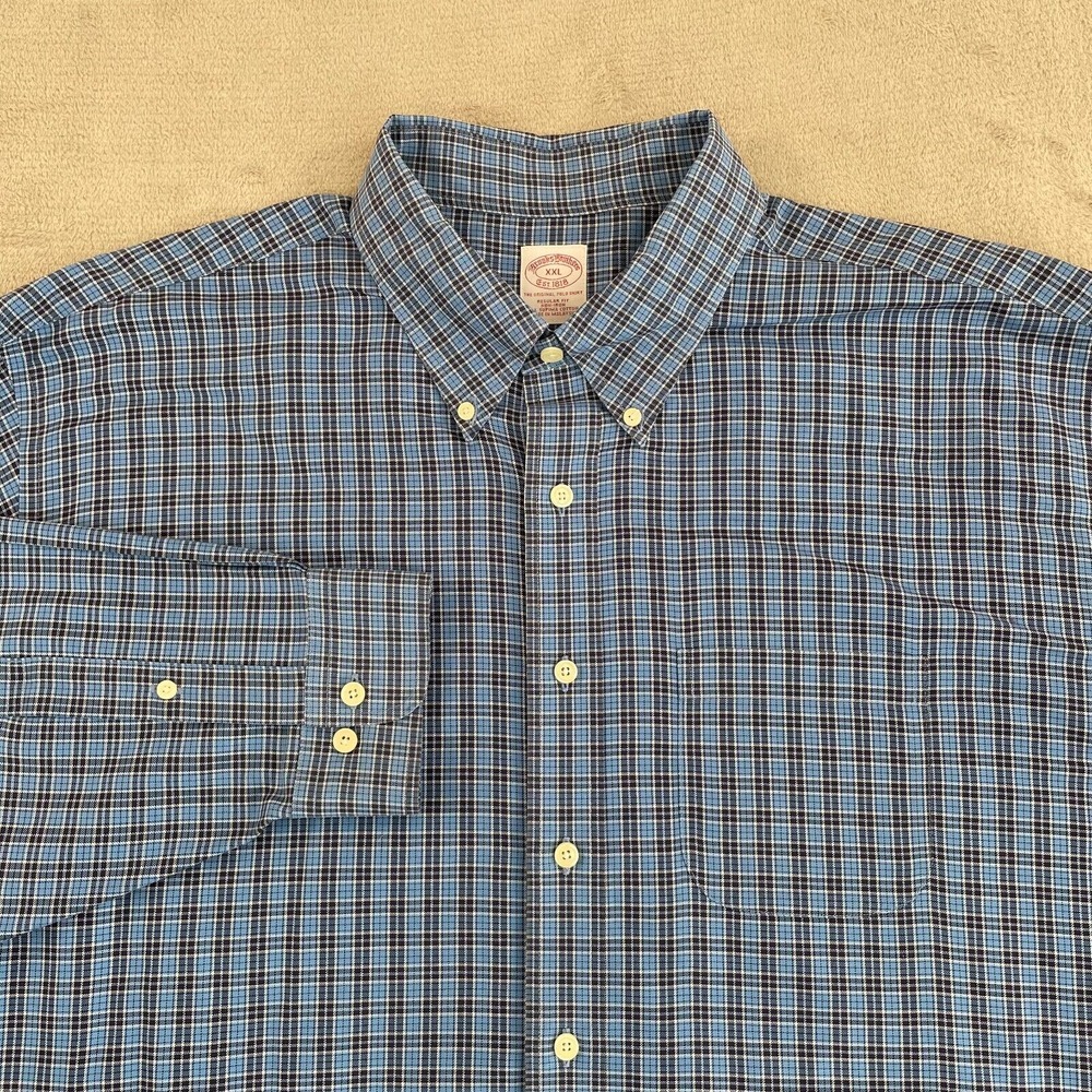 Brooks Brothers 1818 Shirt Men 2XL Blue Plaid Non Iron Regular Fit Long Sleeve